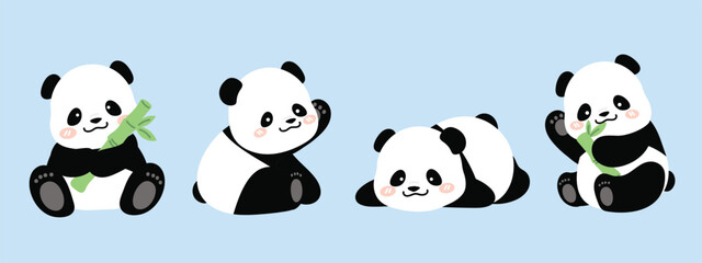 Cute Animal Panda characters set. Hand drawn wild animal cartoon design of panda in different pose, bamboo, sitting, sleeping. Adorable bear mascot illustration for sticker, clipart, education.