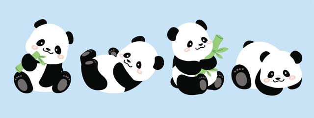 Cute Animal Panda characters set. Hand drawn wild animal cartoon design of panda in different pose, bamboo, sitting, sleeping. Adorable bear mascot illustration for sticker, clipart, education. © TinyBell