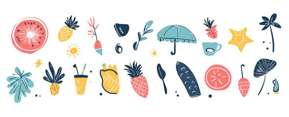 Seaside Doodles: A Fun and Playful Set of Summer Elements and Vacation Icons, Hand-Drawn Vector Illustration for Chic Artwork