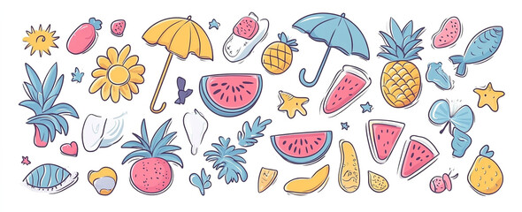 Tropical Getaway: Abstract Summer Artwork with Watermelon, Sun Umbrella & More - Hand-Drawn Vector Design for Trendy Posters and Tees