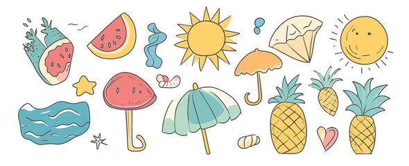 Tropical Getaway: Abstract Summer Artwork with Watermelon, Sun Umbrella & More - Hand-Drawn Vector Design for Trendy Posters and Tees