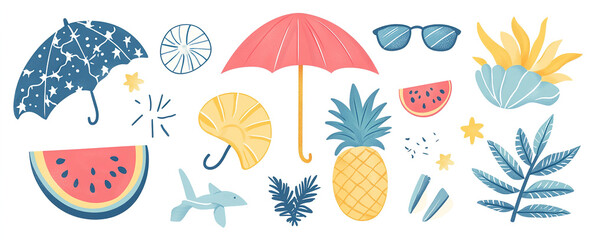 Obraz premium Tropical Getaway: Abstract Summer Artwork with Watermelon, Sun Umbrella & More - Hand-Drawn Vector Design for Trendy Posters and Tees