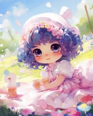 Fototapeta premium Joyful Vintage Girl Having Pastel Picnic in Sunny Park