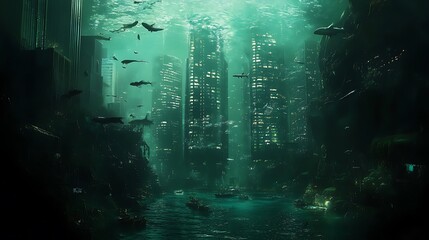 Naklejka premium Submerged Cityscape with Silhouetted Fish