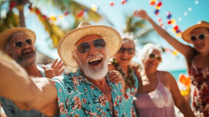 Elderly people relax on a tropical island. Having fun, dancing, relaxing