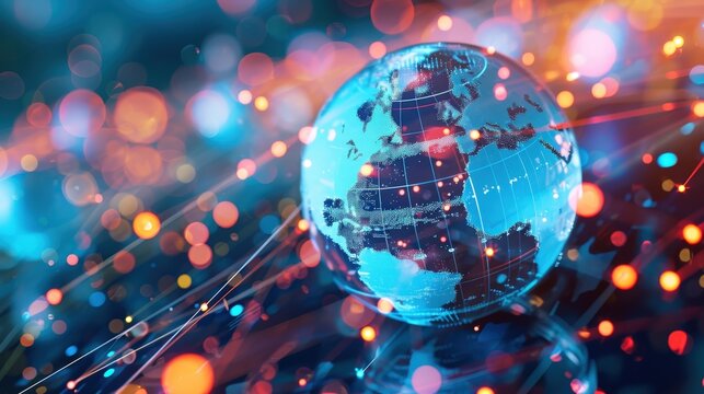 A glowing blue globe with a digital grid and continents on top of colorful lines and bokeh.