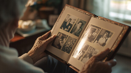 Photography of a retiree holding a photo album filled with memories and milestones from their career, creating a nostalgic and heartwarming moment during the Retirement Celebration 