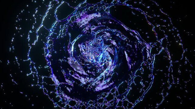 A dynamic water vortex illuminated by neon lights, creating an abstract and colorful pattern against a dark background.