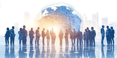 Business team standing in front of a digital globe, with a blue and white color scheme, in a corporate culture background image, using a double exposure photography technique