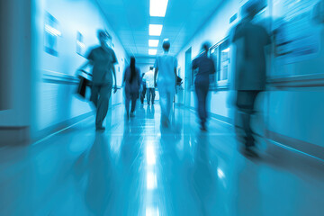 Doctors and medical staff walk down in hospital, Busy corridor in medical clinic with motion blur effect