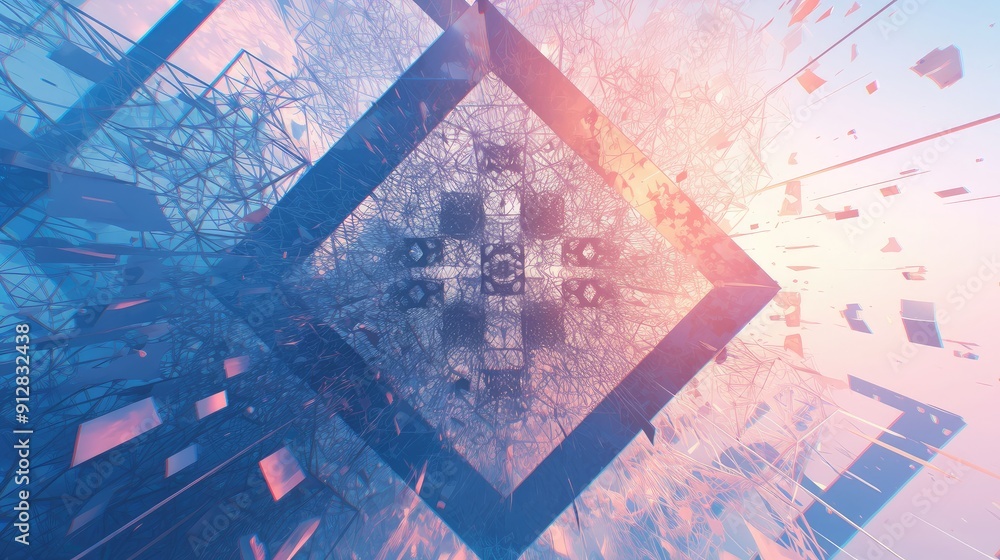 Poster 3d geometric lattice structure with shadows, complex abstract