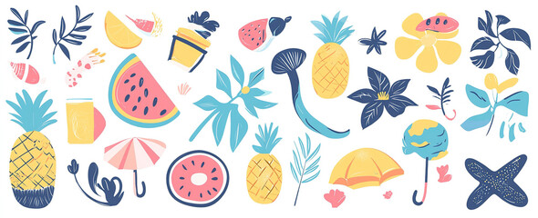 Summertime Vibes: Hand-Drawn Vector Illustration of Summer Elements and Vacation Symbols on a White Background, Perfect for Trendy Designs