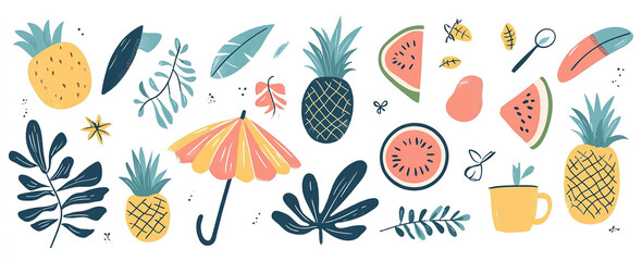 Summertime Vibes: Hand-Drawn Vector Illustration of Summer Elements and Vacation Symbols on a White Background, Perfect for Trendy Designs