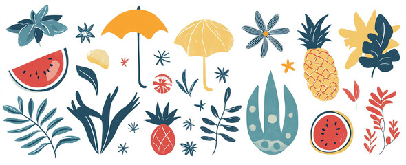  Hand-Drawn Summer Fun: Abstract Elements and Vacation Symbols Vector Illustration, White Background, Trendy Artwork Design for Posters and Apparel