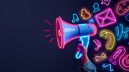 Vibrant neon megaphone with various marketing buzzwords, social media Concept Marketing Trends