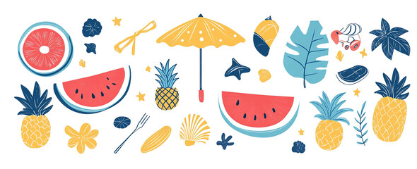  Hand-Drawn Summer Fun: Abstract Elements and Vacation Symbols Vector Illustration, White Background, Trendy Artwork Design for Posters and Apparel