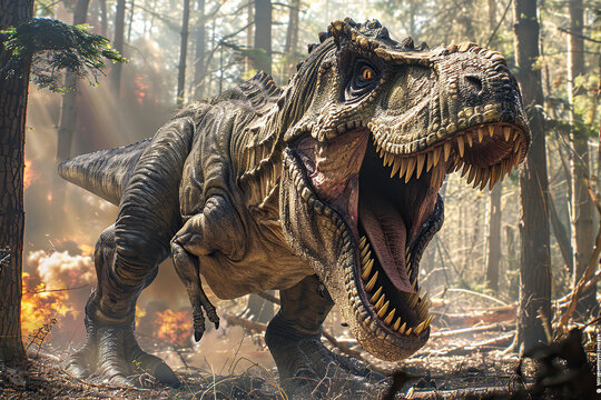 Generative ai on theme of big scary hungry dinosaur with kind eyes and sharp teeth destroying park