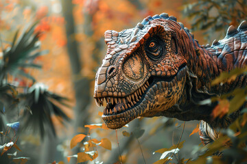 Generative ai on theme of big scary hungry dinosaur with kind eyes and sharp teeth destroying park