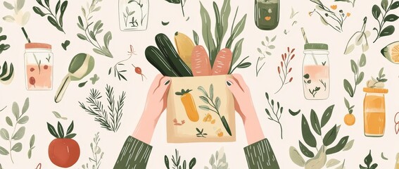 Various zero waste items. Green aesthetic concept. Plastic free. Recycling. Thinking People, reusable bags, brushes, bottles, and glass jar isolated on white with lettering quotes.