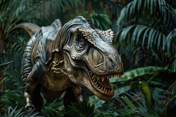 Fototapeta premium Generative ai on theme of big scary hungry dinosaur with kind eyes and sharp teeth destroying park