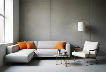 Interior of A modern living room with a gray sofa, wooden coffee table, and a potted plant in the corner