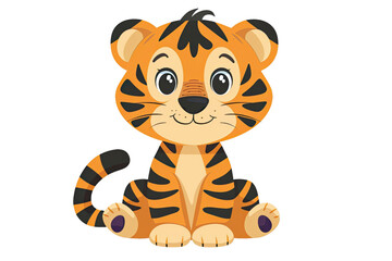 Cute animated tiger cub sitting with a happy expression, ideal for children's illustrations or educational purposes.