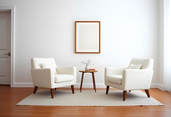 Interior of A minimalist living room with framed empty wall hanging and two white armchairs, a small side table,
