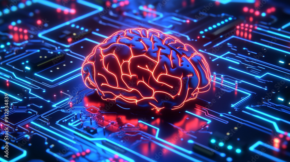 Aufkleber a 3d rendering of a glowing neon blue and red brain on a circuit board background, highlighting the 