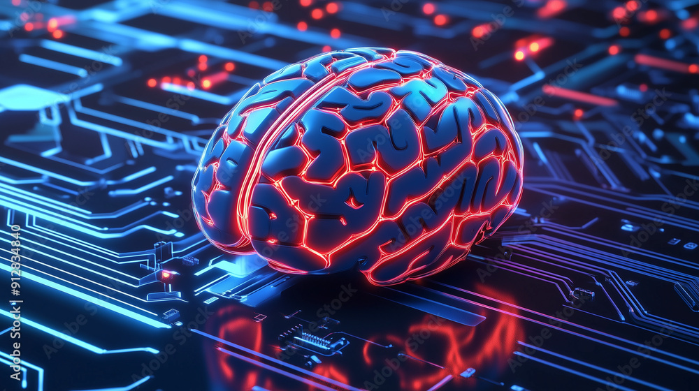 Aufkleber a 3d rendering of a glowing neon blue and red brain on a circuit board background, highlighting the 