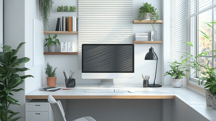 A computer desk with a monitor, keyboard, and mouse