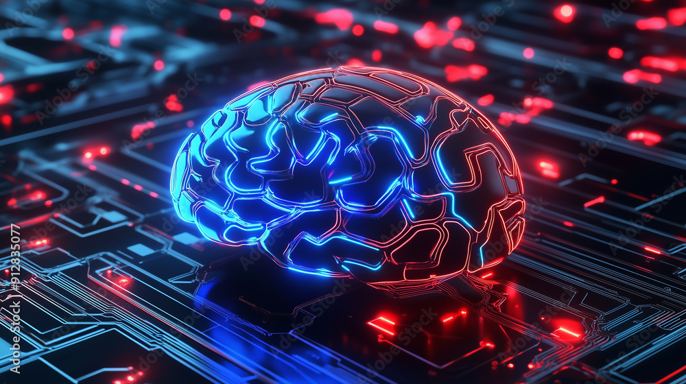 Aufkleber a 3d rendering of a glowing neon blue and red brain on a circuit board background, highlighting the 