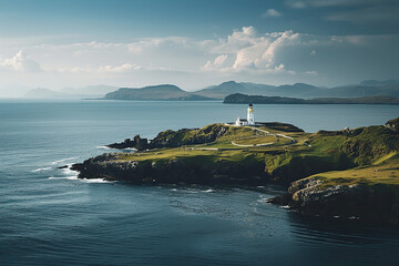 Generative ai on theme of large retro lighthouse with beam of bright light shining out to blue sea