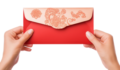 PNG Hand giving red envelope paper mail white background.