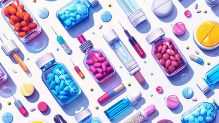 Array of liquid medications and droppers flat design top view pharmaceutical theme cartoon drawing vivid