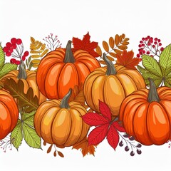 Colorful autumn pumpkins and forest leaves and berries horizontal seamless border. Vector illustration. Isolated on white background. Seasonal fall banner design for greeting or promotion.
