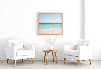 Interior of A minimalist living room with framed empty wall hanging and two white armchairs, a small side table,