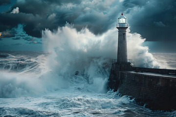 Generative ai on theme of large retro lighthouse with beam of bright light shining out to blue sea