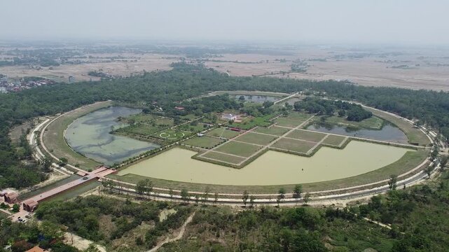 Aerial View of Lumbini Nepal. Lord Buddha birthplace in Lumbini, Nepal. The exact birthplace of Lord Buddha Siddhartha Gautama and one of the Eight Great Places of Buddhism.