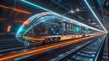 Fototapeta premium Futuristic Digital Hologram of Autonomous High Speed Train with Control Systems