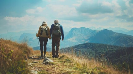 Obraz premium Senior couple hiking in the mountains during retirement.