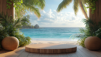 Summer product display on wooden podium with a blurred sea beach background, 3D rendering