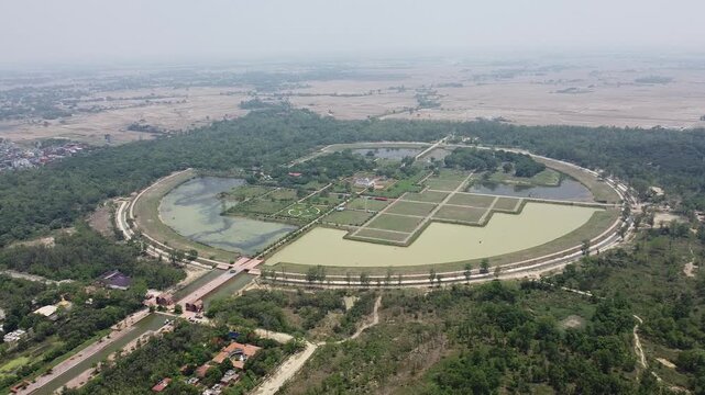 Aerial View of Lumbini Nepal. Lord Buddha birthplace in Lumbini, Nepal. The exact birthplace of Lord Buddha Siddhartha Gautama and one of the Eight Great Places of Buddhism.