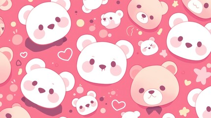 Obraz premium Cute pink teddy bear pattern and white texture, seamless design, adorable cartoon character concept for kids in digital world