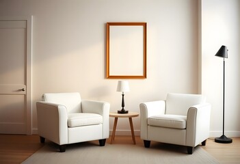 Fototapeta premium Interior of A minimalist living room with framed empty wall hanging and two white armchairs, a small side table,
