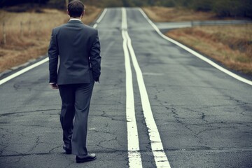 Obraz premium A man in a business suit walking down an empty road with double yellow lines.