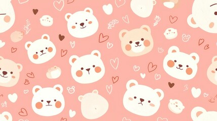 Obraz premium Cute pink teddy bear pattern and white texture, seamless design, adorable cartoon character concept for kids in digital world
