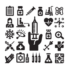 Obraz premium A detailed collection of black-and-white medical and healthcare icons, including syringes, medication bottles, heart symbols, diagnostic tools, and healthcare staff. Ideal for medical projects, health
