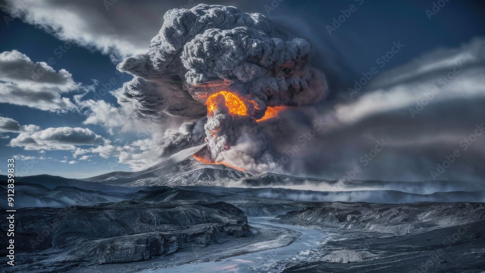 Sticker A large volcano erupting with smoke and lava in the distance, AI