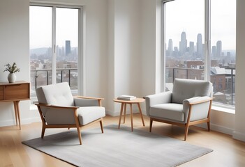 Fototapeta premium Interior of A modern living room with a gray sofa, wooden coffee table, and a potted plant in the corner