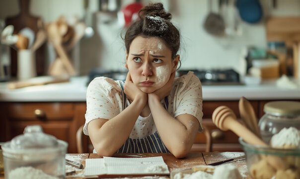 woman in her bto kitchen looking frustrated with flour on her cheek and clothes, holding a pen and a notepad in her hand looking at the camera with a frown